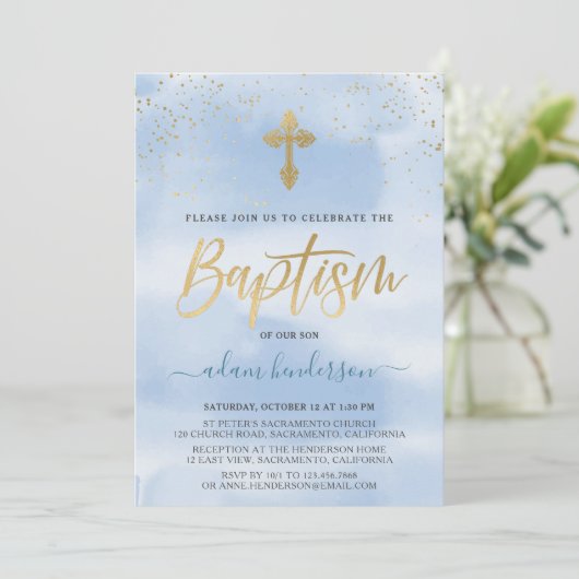 Modern Blue and Gold Boy Baptisme Kaart (Staand voorkant)