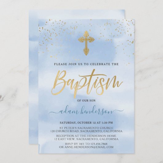 Modern Blue and Gold Boy Baptisme Kaart (Voorkant / Achterkant)