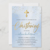 Modern Blue and Gold Boy Christening Uitnodiging (Voorkant)