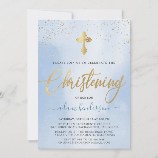 Modern Blue and Gold Boy Christening Uitnodiging (Voorkant)