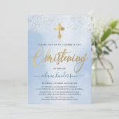 Modern Blue and Gold Boy Christening Uitnodiging (Staand voorkant)