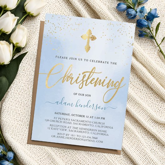 Modern Blue and Gold Boy Christening Uitnodiging