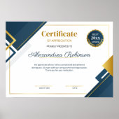 Modern Blue and Gold Certificate of Appreciation P Poster (Voorkant)