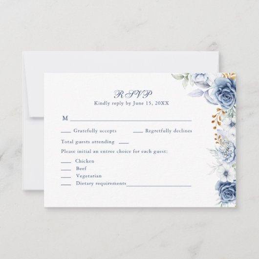 Modern Blue and Gold Floral Wedding RSVP Card (Voorkant)