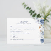Modern Blue and Gold Floral Wedding RSVP Card (Staand voorkant)