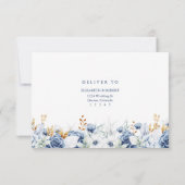 Modern Blue and Gold Floral Wedding RSVP Card (Achterkant)