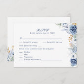 Modern Blue and Gold Floral Wedding RSVP Card (Voorkant / Achterkant)