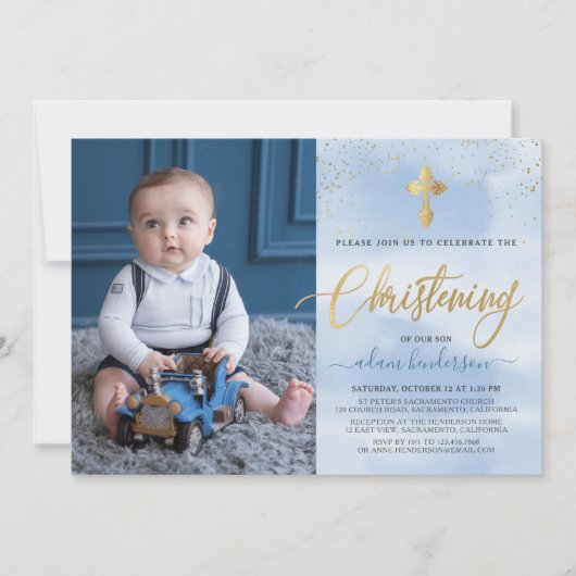 Modern Blue and Gold Photo Boy Christening Kaart (Voorkant)