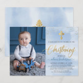 Modern Blue and Gold Photo Boy Christening Kaart (Voorkant / Achterkant)