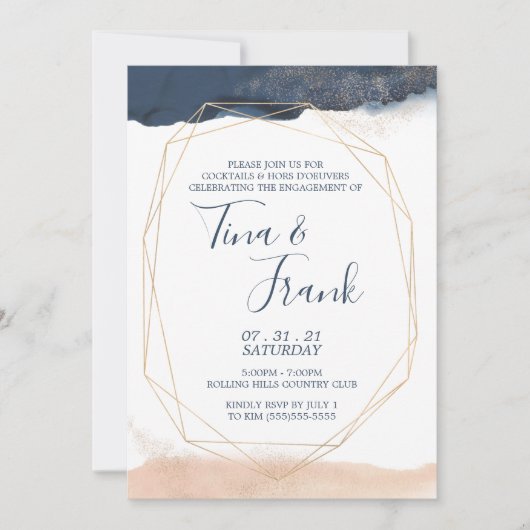 Modern Blue and Gold Verloving Invitation Kaart (Voorkant)
