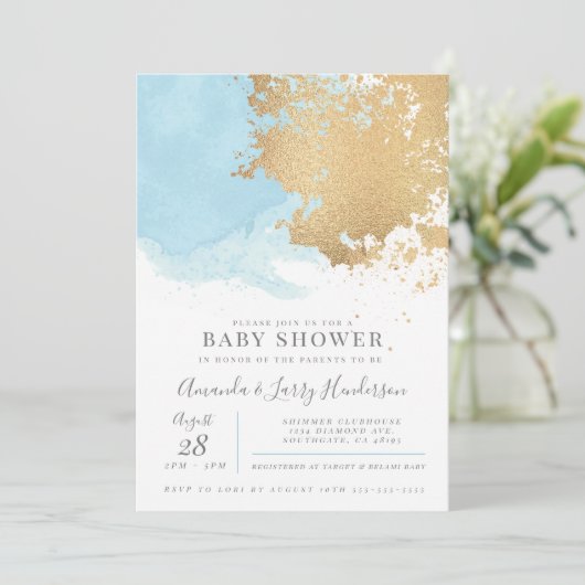 Modern Blue and Gold Waterverf Baby shower Kaart (Staand voorkant)