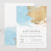 Modern Blue and Gold Waterverf Baby shower Kaart (Voorkant / Achterkant)