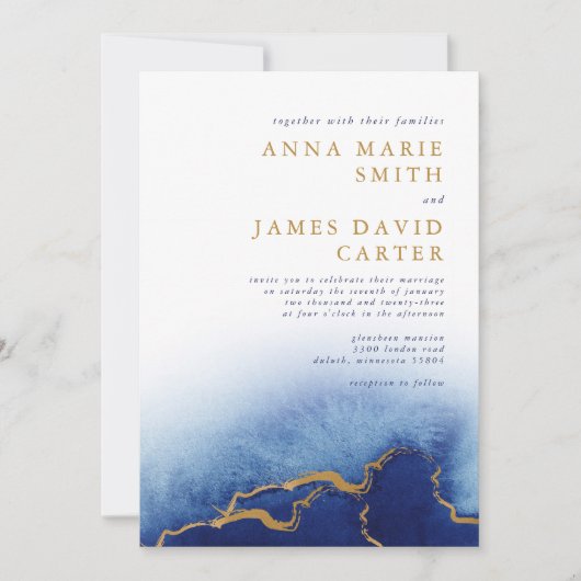 Modern Blue and Gold Waterverf Wedding Invitation Kaart (Voorkant)