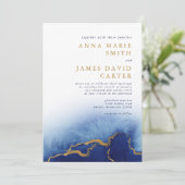 Modern Blue and Gold Waterverf Wedding Invitation Kaart (Staand voorkant)