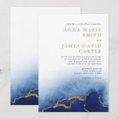 Modern Blue and Gold Waterverf Wedding Invitation Kaart (Voorkant / Achterkant)