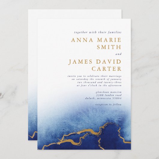 Modern Blue and Gold Waterverf Wedding Invitation Kaart (Voorkant / Achterkant)