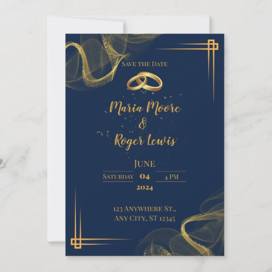 Modern Blue and Gold Wedding Invitation Kaart (Voorkant)