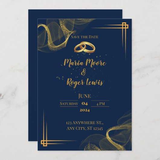 Modern Blue and Gold Wedding Invitation Kaart (Voorkant / Achterkant)