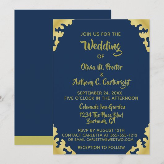 Modern Blue and Gold Wedding Invitation Kaart (Voorkant / Achterkant)