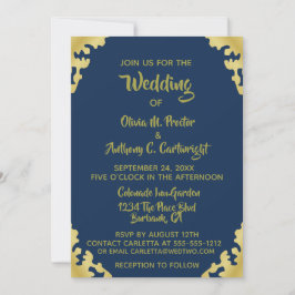 Modern Blue and Gold Wedding Invitation Kaart