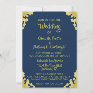Modern Blue and Gold Wedding Invitation Kaart