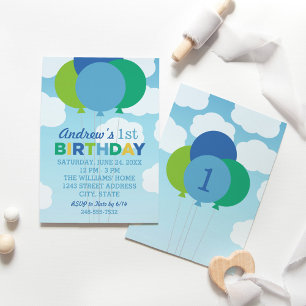Modern Blue and Green Balloons Birthday Party Kaart