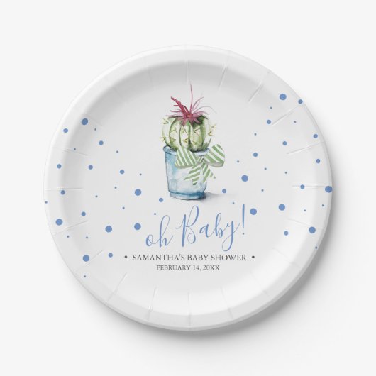 Modern Blue and Green Cactus Baby shower Papieren Bordje (Voorkant)