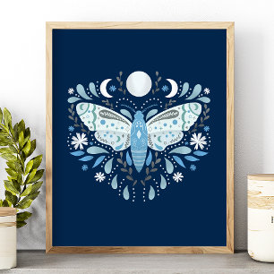 Modern Blue and White Abstract Moth Illustration Poster