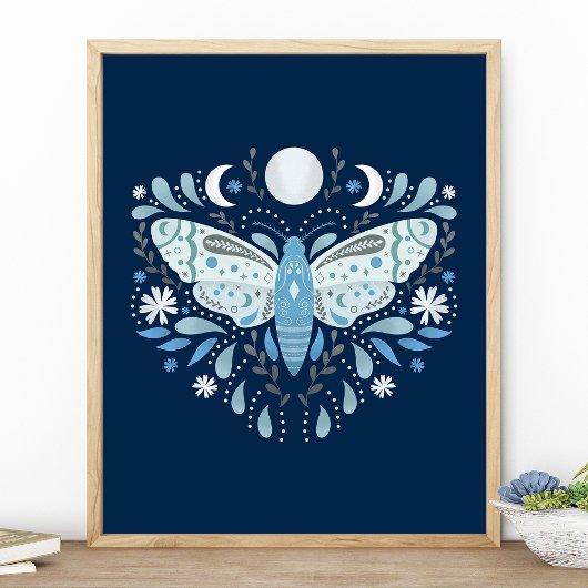 Modern Blue and White Abstract Moth Illustration Poster