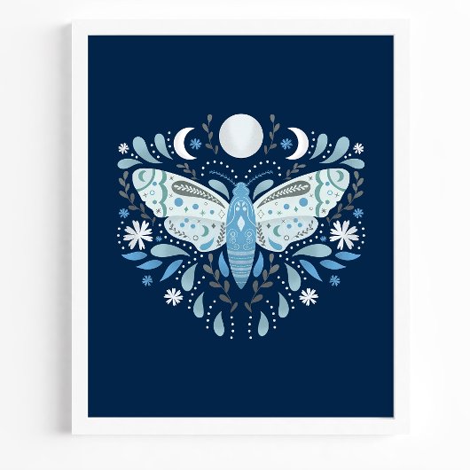 Modern Blue and White Abstract Moth Illustration Poster