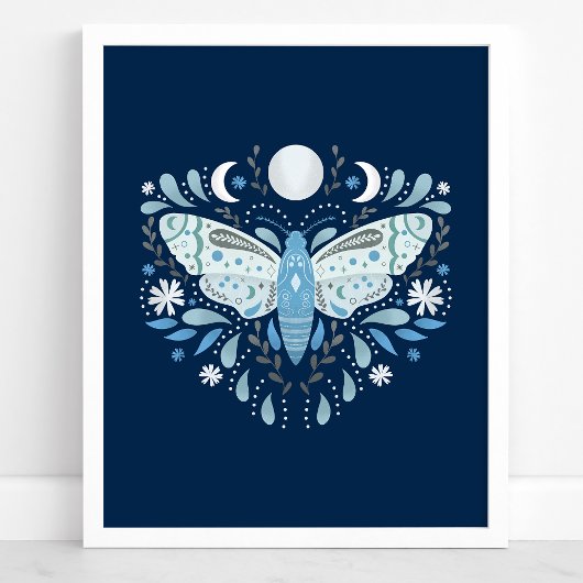 Modern Blue and White Abstract Moth Illustration Poster
