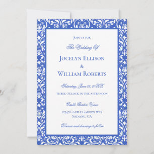 Modern Blue and White Damask Wedding Kaart