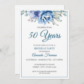 Modern Blue and White Floral Birthday Kaart (Voorkant / Achterkant)