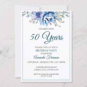 Modern Blue and White Floral Birthday Kaart