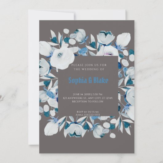 Modern Blue and White Floral Framed Gray Wedding Kaart (Voorkant)