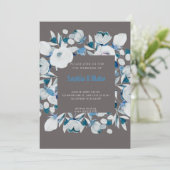 Modern Blue and White Floral Framed Gray Wedding Kaart (Staand voorkant)