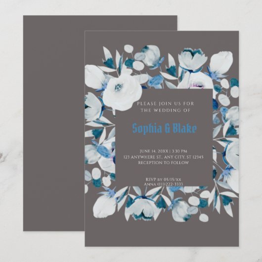 Modern Blue and White Floral Framed Gray Wedding Kaart (Voorkant / Achterkant)