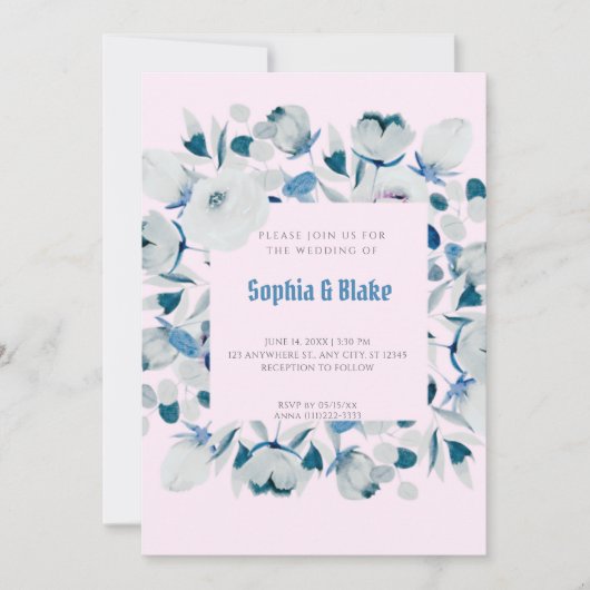 Modern Blue and White Floral Framed Pink Wedding Kaart (Voorkant)