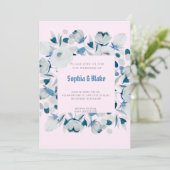 Modern Blue and White Floral Framed Pink Wedding Kaart (Staand voorkant)