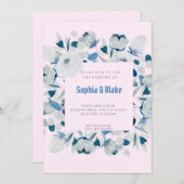 Modern Blue and White Floral Framed Pink Wedding Kaart (Voorkant / Achterkant)
