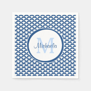 Modern Blue and White Scallops Monogram en Naam Servetten