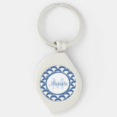 Modern Blue and White Scallops Monogram en Naam Sleutelhanger (Voorkant)