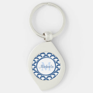 Modern Blue and White Scallops Monogram en Naam Sleutelhanger