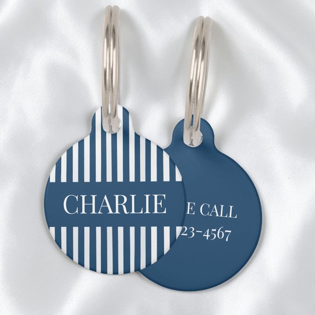 Modern Blue and White Stripes Personalized Name Huisdierpenning (Modern Blue and White Stripes Personalized Name Pet ID Tag)