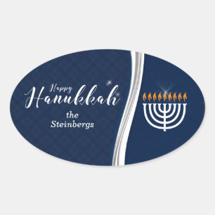 Modern Blue and White with Name for Hanukkah Ovale Sticker