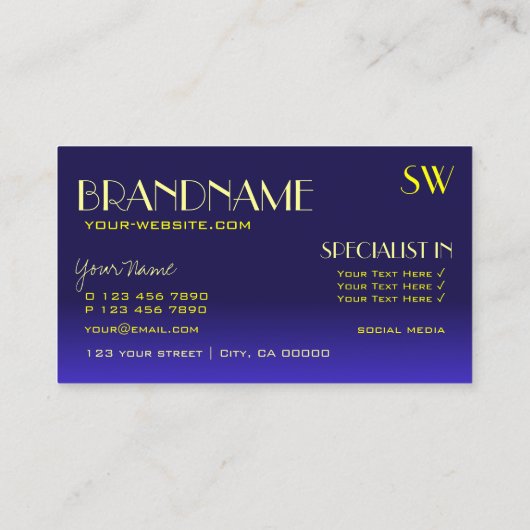 Modern Blue and Yellow Mirror Font met monogram Visitekaartje (Achterkant)