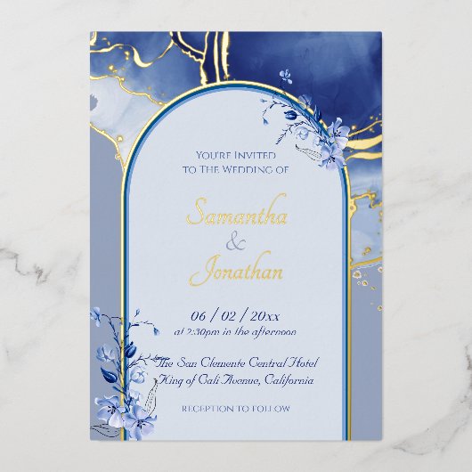 Modern Blue Aqua Marble Wedding Folie Uitnodiging (Voorkant)