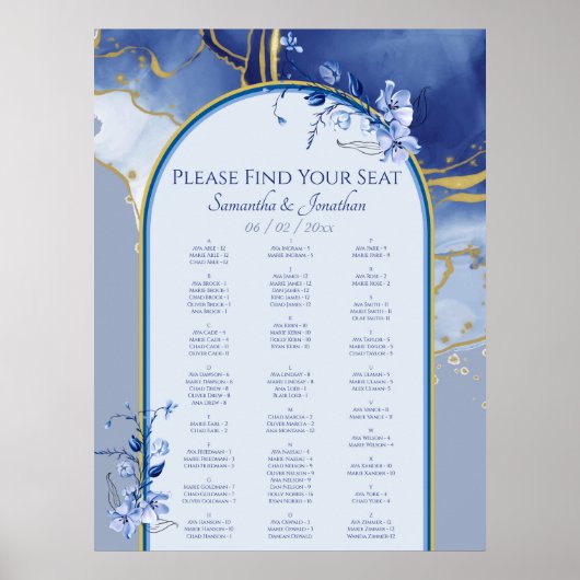 Modern Blue Aqua Marble Wedding Seating Chart Poster (Voorkant)