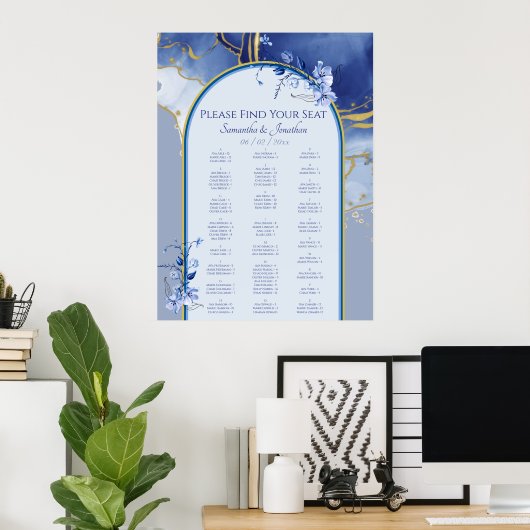 Modern Blue Aqua Marble Wedding Seating Chart Poster (Thuiskantoor)
