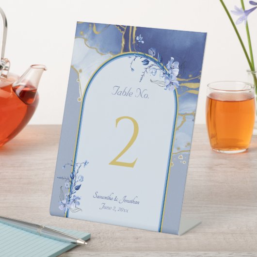 Modern Blue Aqua Marble Wedding Table Number Reclamebord Met Voetstuk (Insitu)